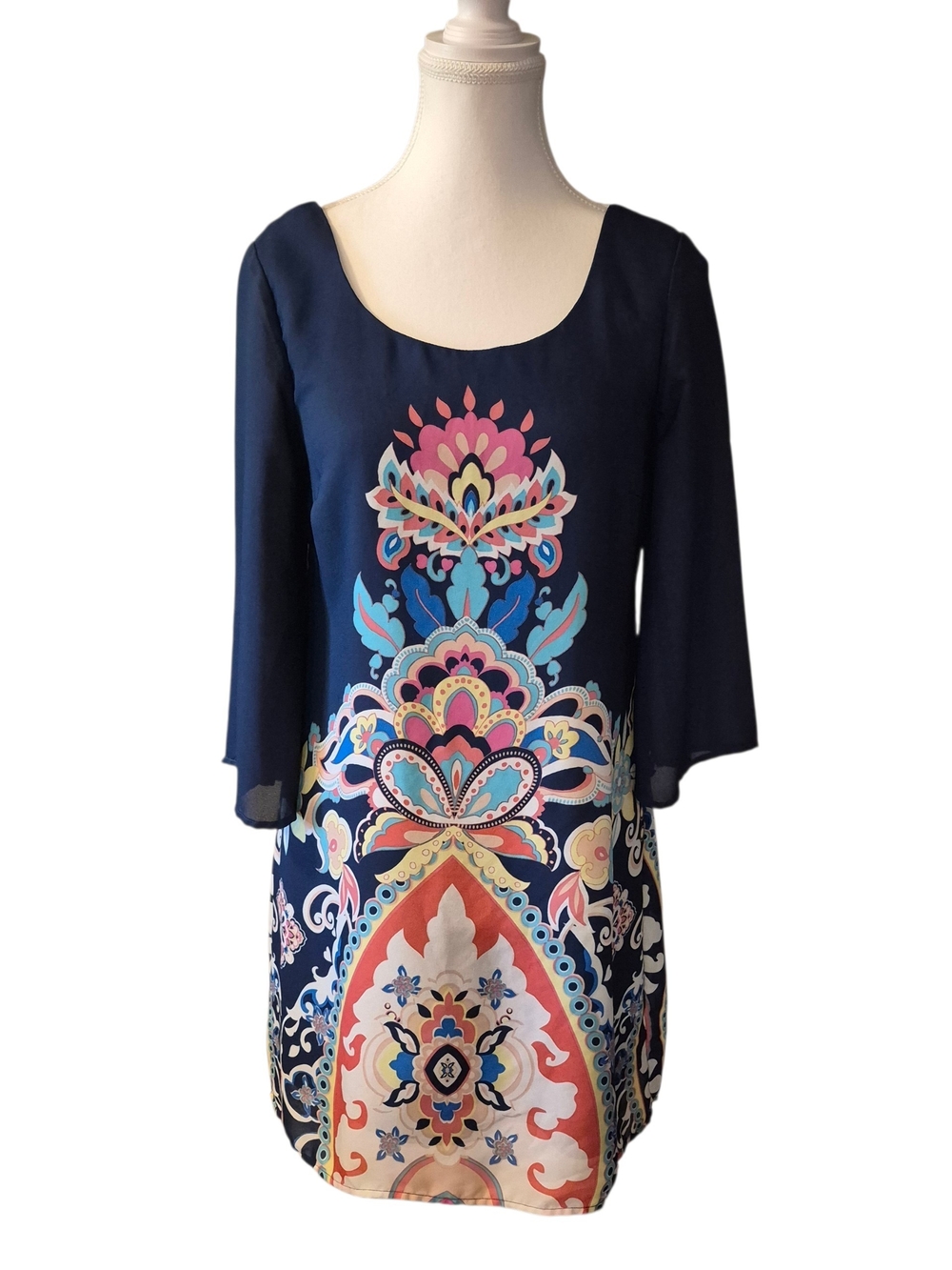 As U Wish Navy Tunic Dress with Multicolor Medallion Print